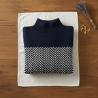 Cashmere Turtleneck Dark Blue with Zigzag Pattern