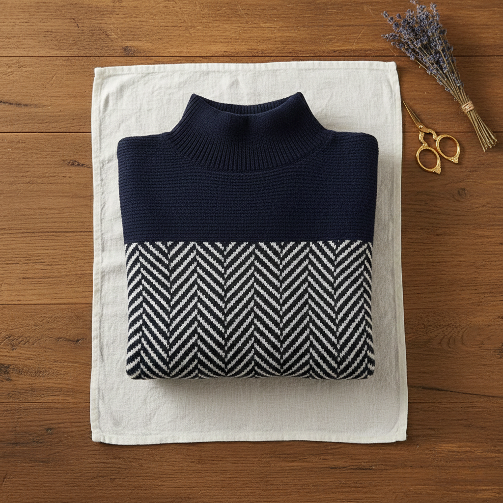 Cashmere Turtleneck Dark Blue with Zigzag Pattern