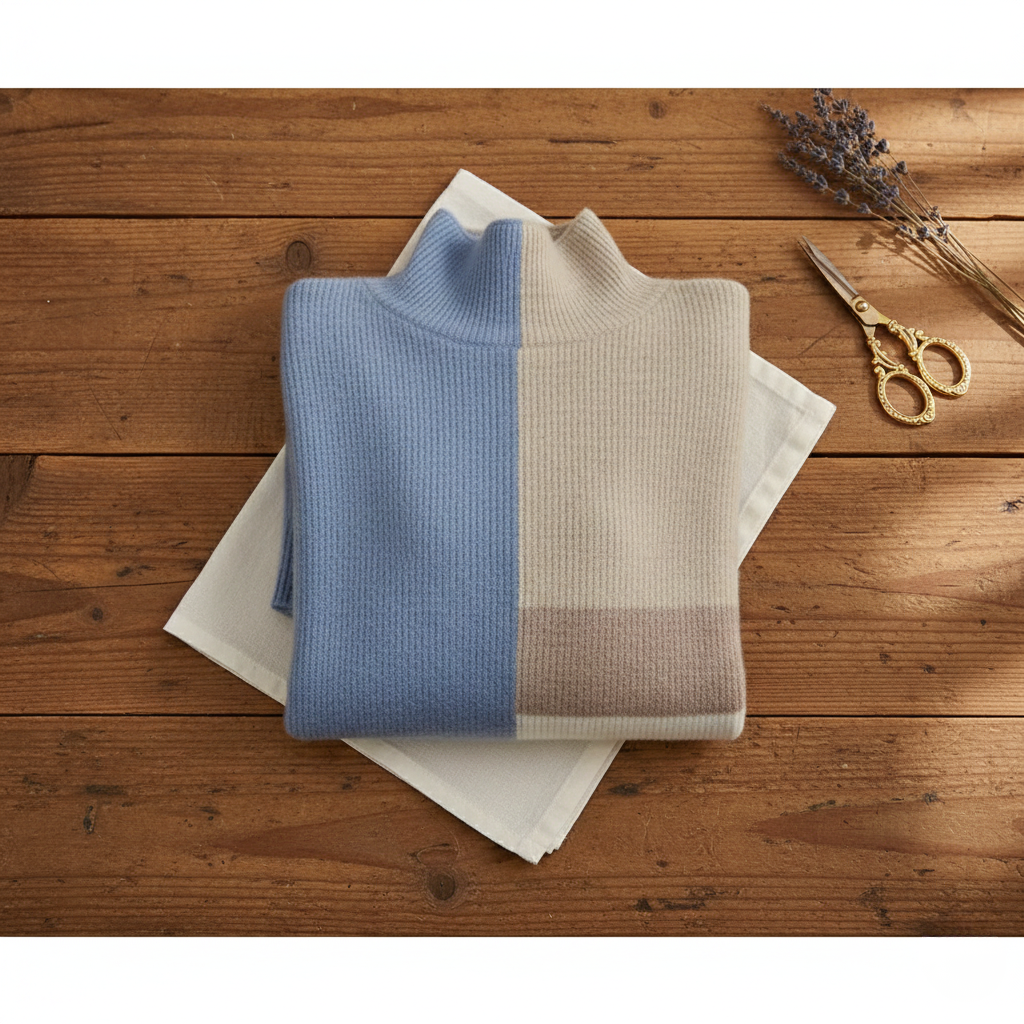 Cashmere Sweater in Block Pattern Blue-Beige