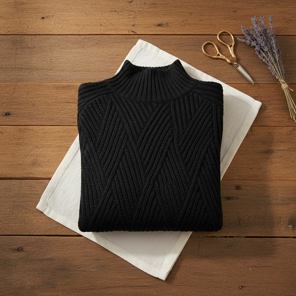 Cashmere Chunky Sweater Black with V-Structure