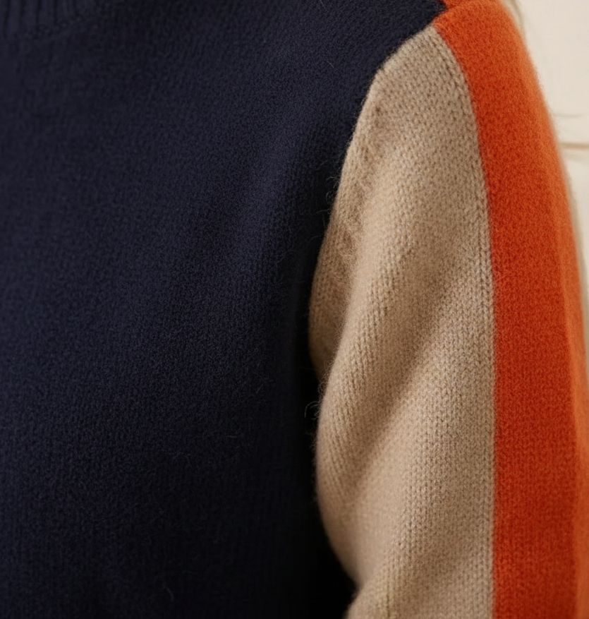 Cashmere Sweater Dark Blue-Orange-Taupe