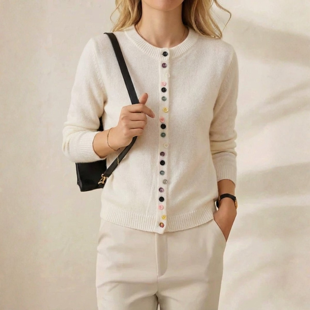 Cashmere Crew Neck Cardigan with Multicolor Buttons