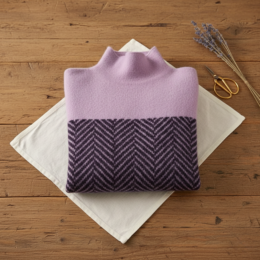 Cashmere Turtleneck Dark Blue with Zigzag Pattern