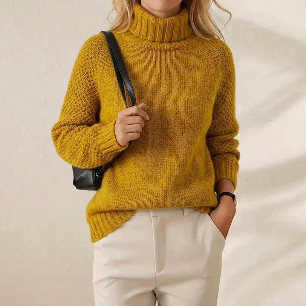 Amber Chunky Turtleneck Mustard Yellow Ribbed Knit Pullover