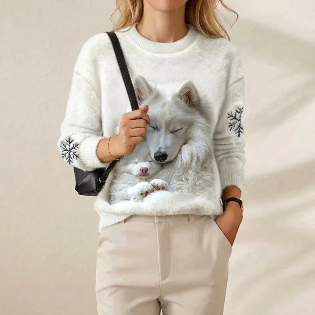 Arctic Dreams Fluffy Crewneck Ivory Samoyed Dog Graphic Sweater