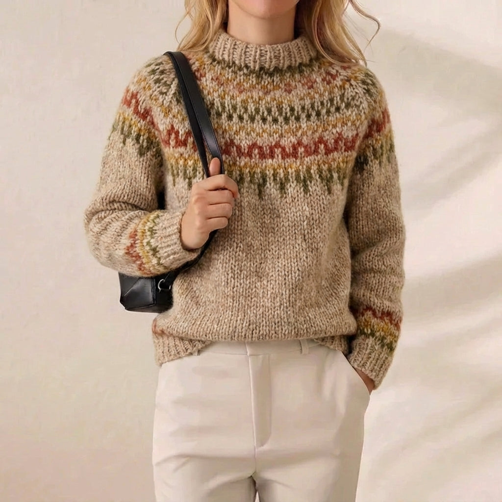 Autumn Harvest Fair Isle Mock Neck Wool Pullover