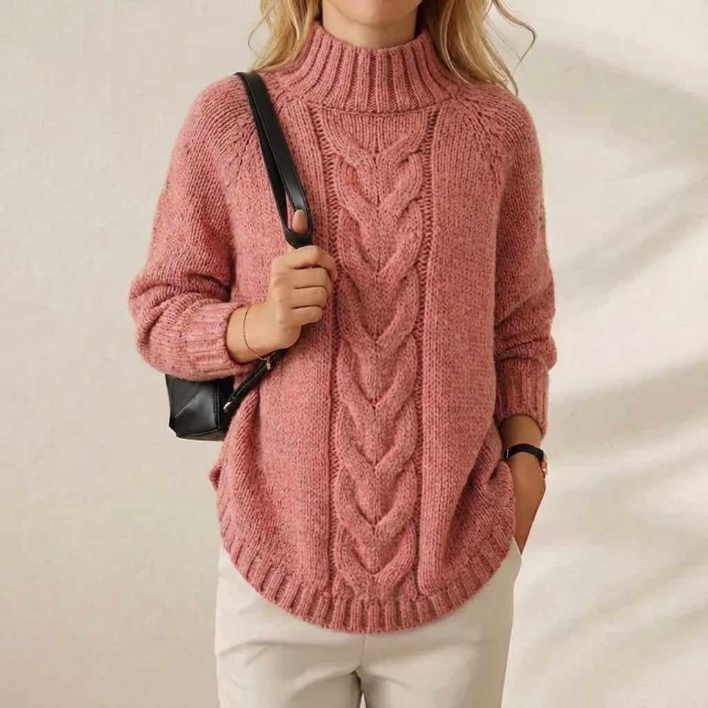 Berry Braid Mock Neck Dusty Rose Cable Knit Sweater