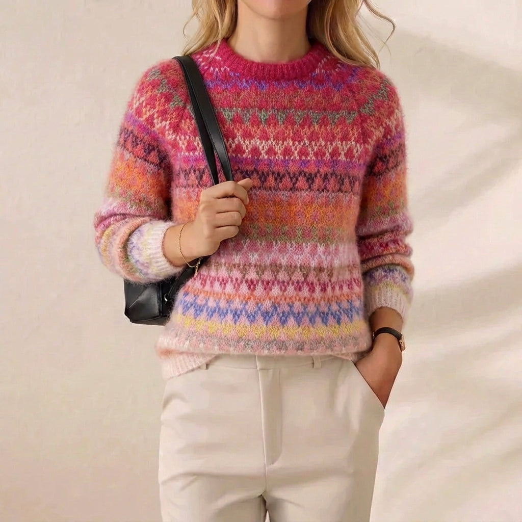 Berry Bloom Multicolor Fair Isle Mohair Crew Neck Sweater