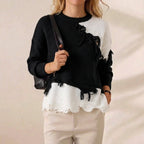 Black & White Colorblock Distressed Edge Crew Neck Sweater