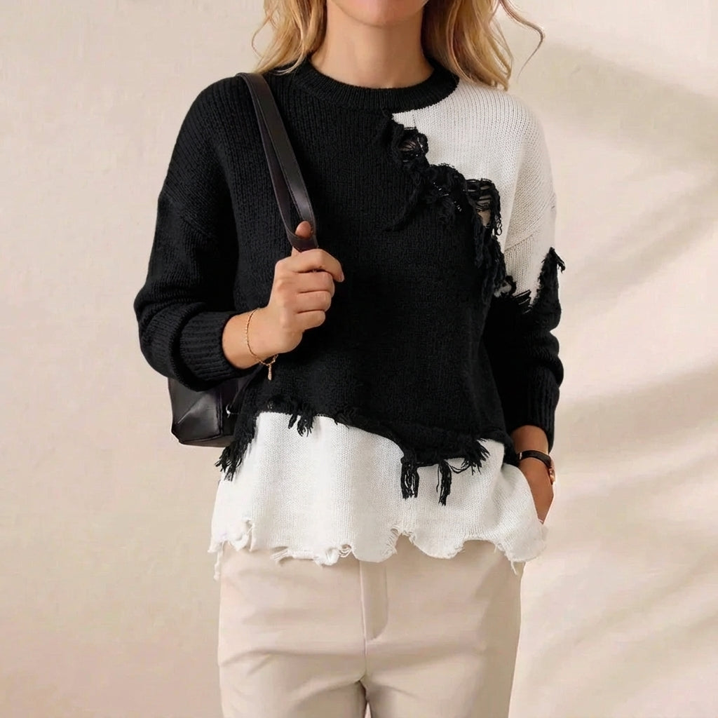 Black & White Colorblock Distressed Edge Crew Neck Sweater