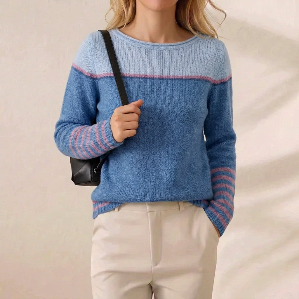Bluebell Stripe Boatneck Blue & Pink Accent Sleeve Sweater