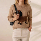 Camel Dachshund Intarsia Crew Neck Knit Sweater