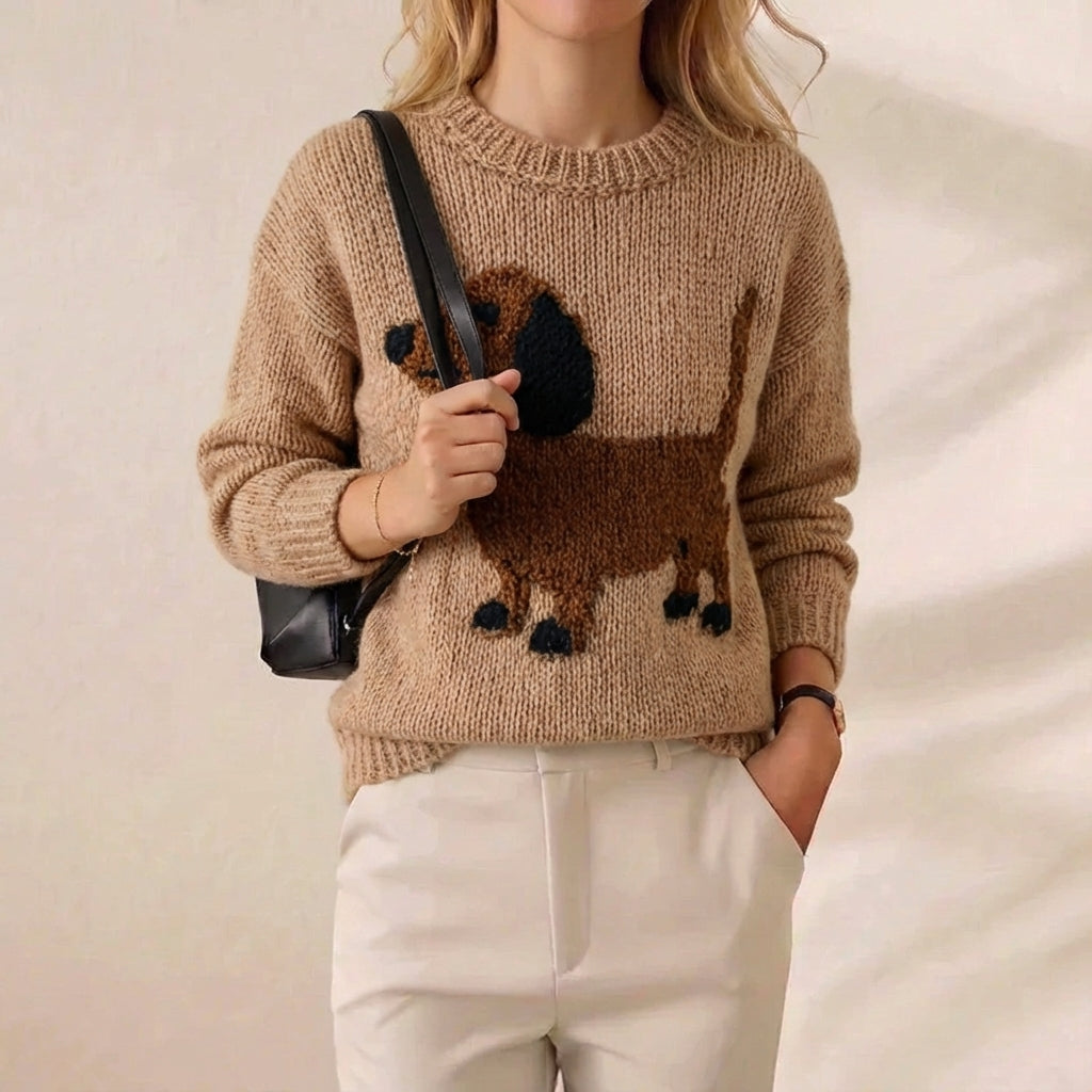 Camel Dachshund Intarsia Crew Neck Knit Sweater