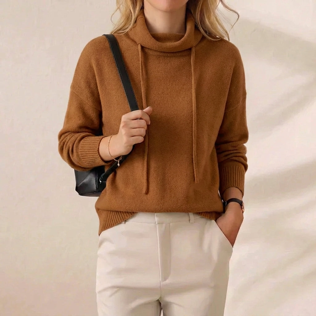 Caramel Drawstring Cowl Neck Knit Pullover
