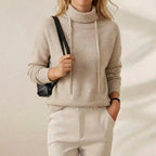Cashmere Sand Drawstring Cowl Oatmeal Soft Knit Hooded Sweater