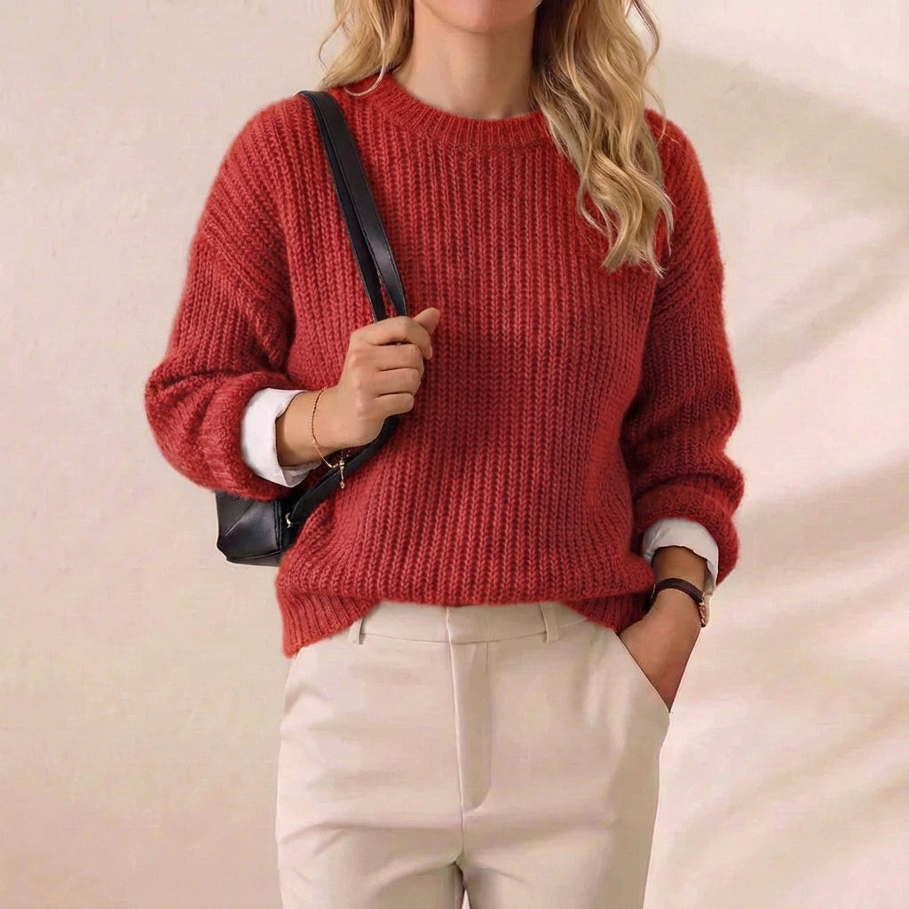 Cherry Red Brushed Mohair Oversized Crew Neck Pullover