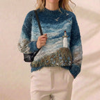 Coastal Lighthouse Scene Intarsia Mohair Crew Neck Sweater