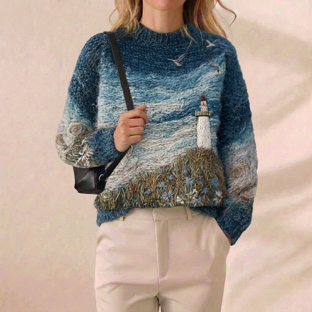 Coastal Lighthouse Scene Intarsia Mohair Crew Neck Sweater