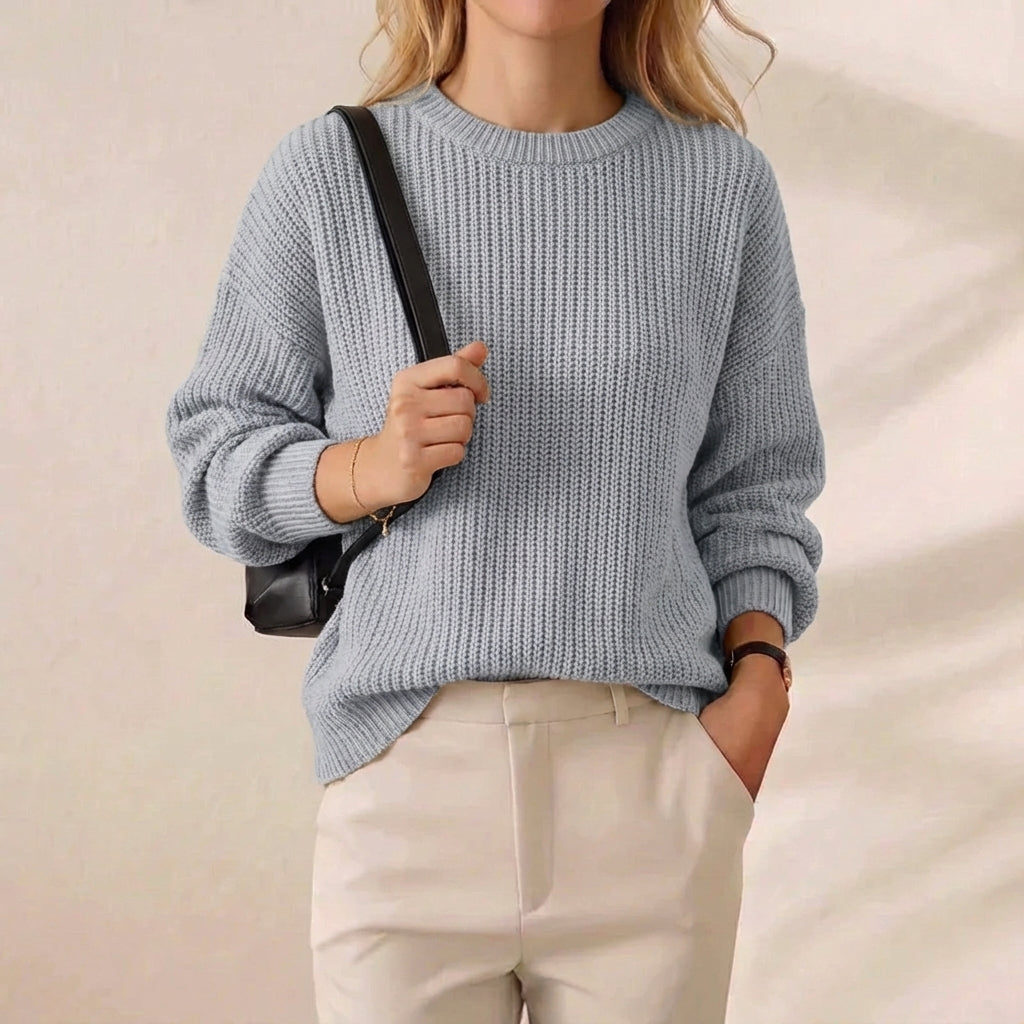 Coastal Mist Ribbed Crew Neck Knit Sweater