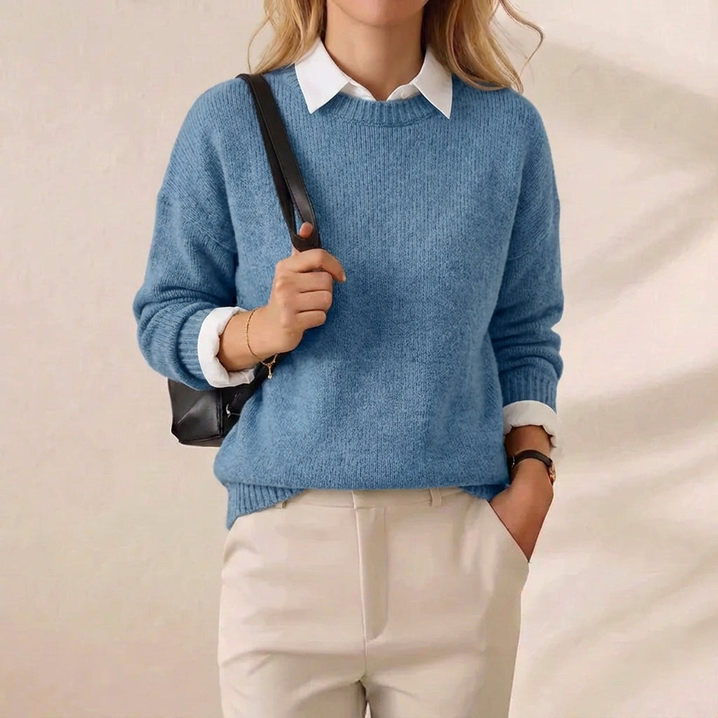 Cornflower Blue Brushed Ribbed Layered Crew Neck Pullover