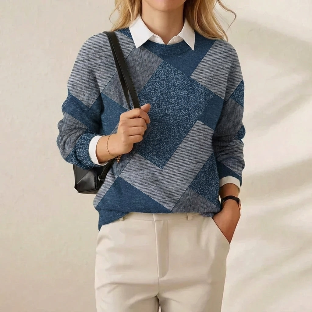 Denim Blue & Grey Geometric Diamond Print Crew Neck Sweater