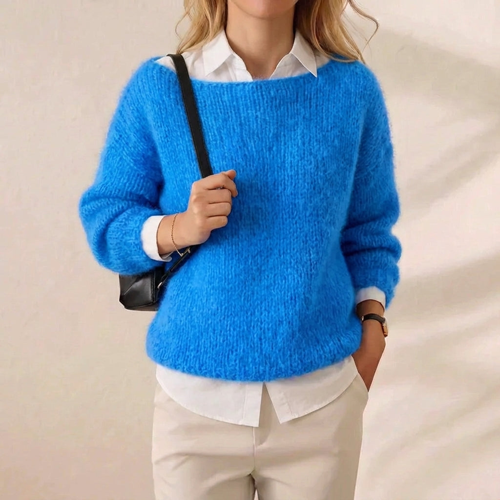Electric Blue Brushed Mohair Layered Crew Neck Pullover