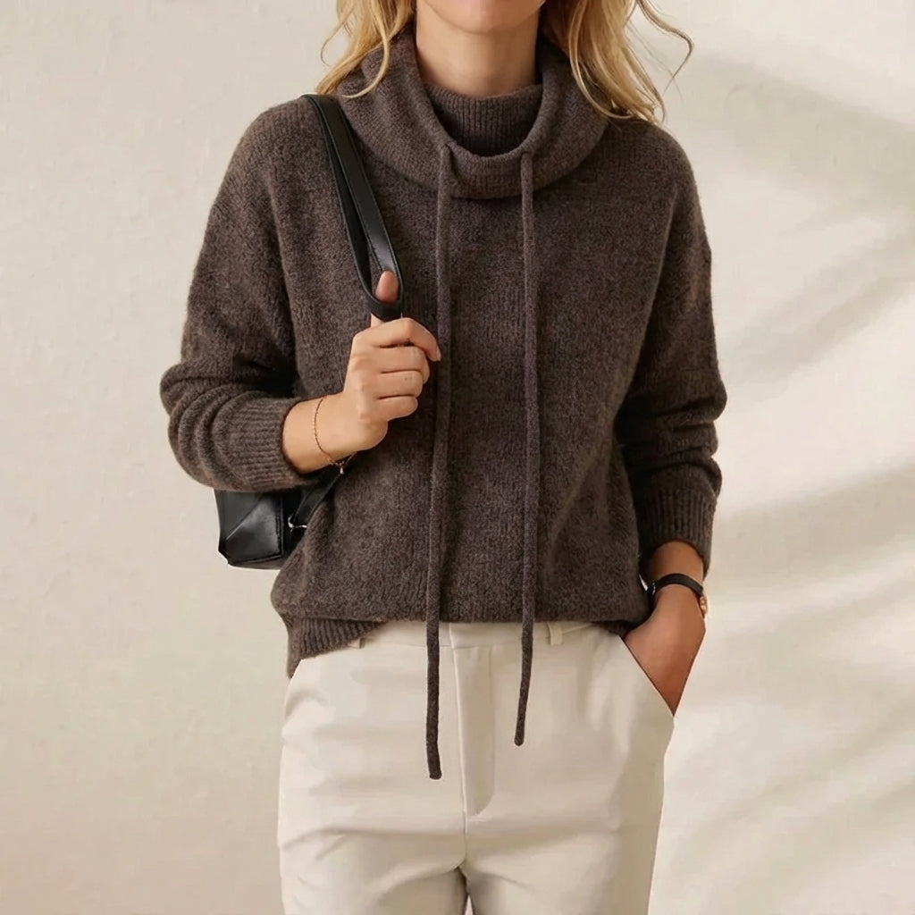 Espresso Drawstring Cowl Mocha Brown Hooded Knit Sweater