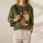 Forest Fox Embroidered Fleece Olive Green Plush Crewneck Sweatshirt
