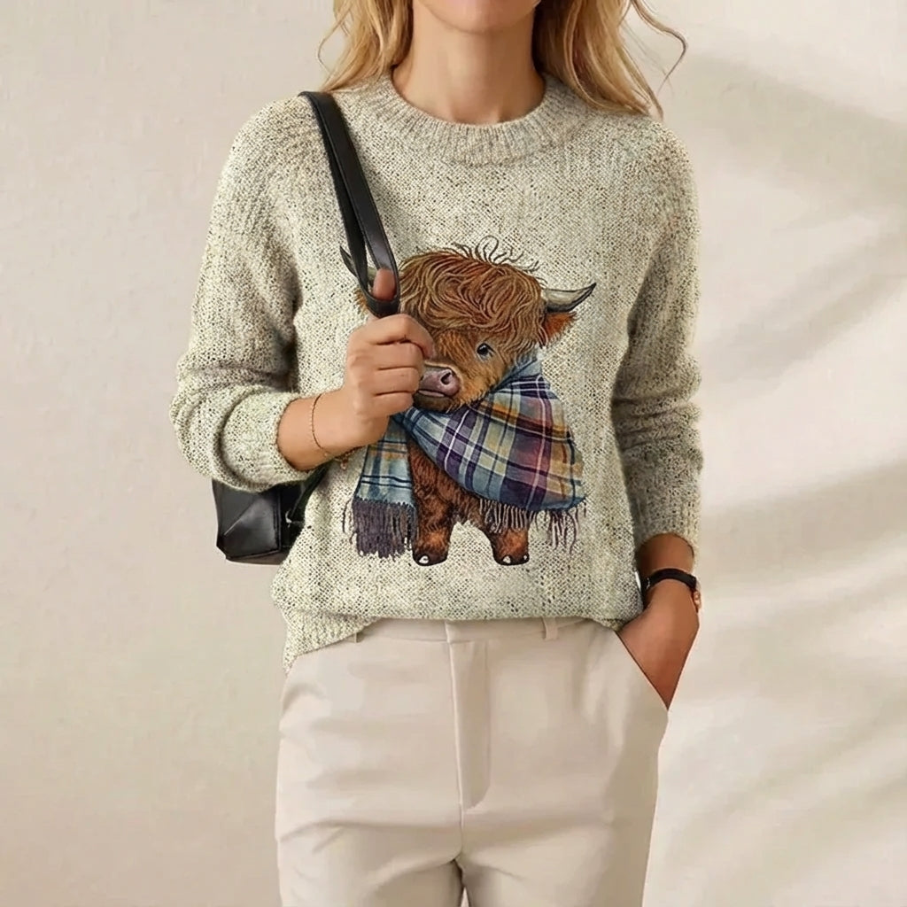 Cotton Sweater Cream with Highland Cow Pattern