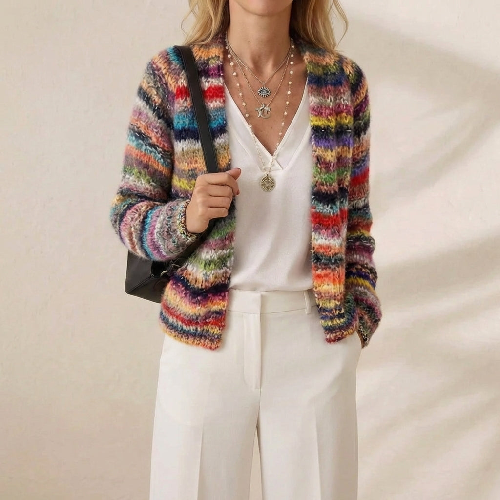 Cashmere Cardigan with Rainbow Stripe Pattern