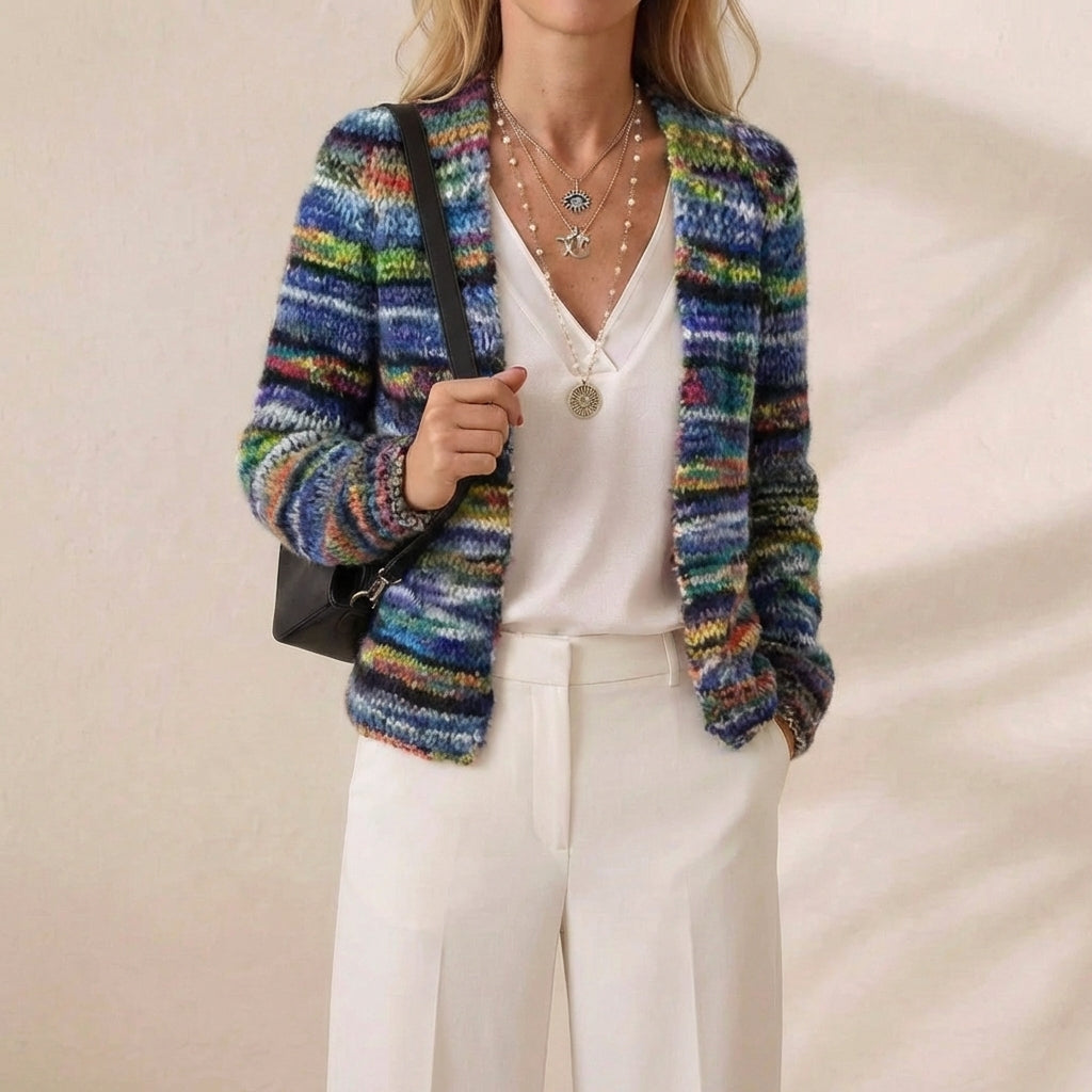 Cashmere Cardigan with Rainbow Stripe Pattern