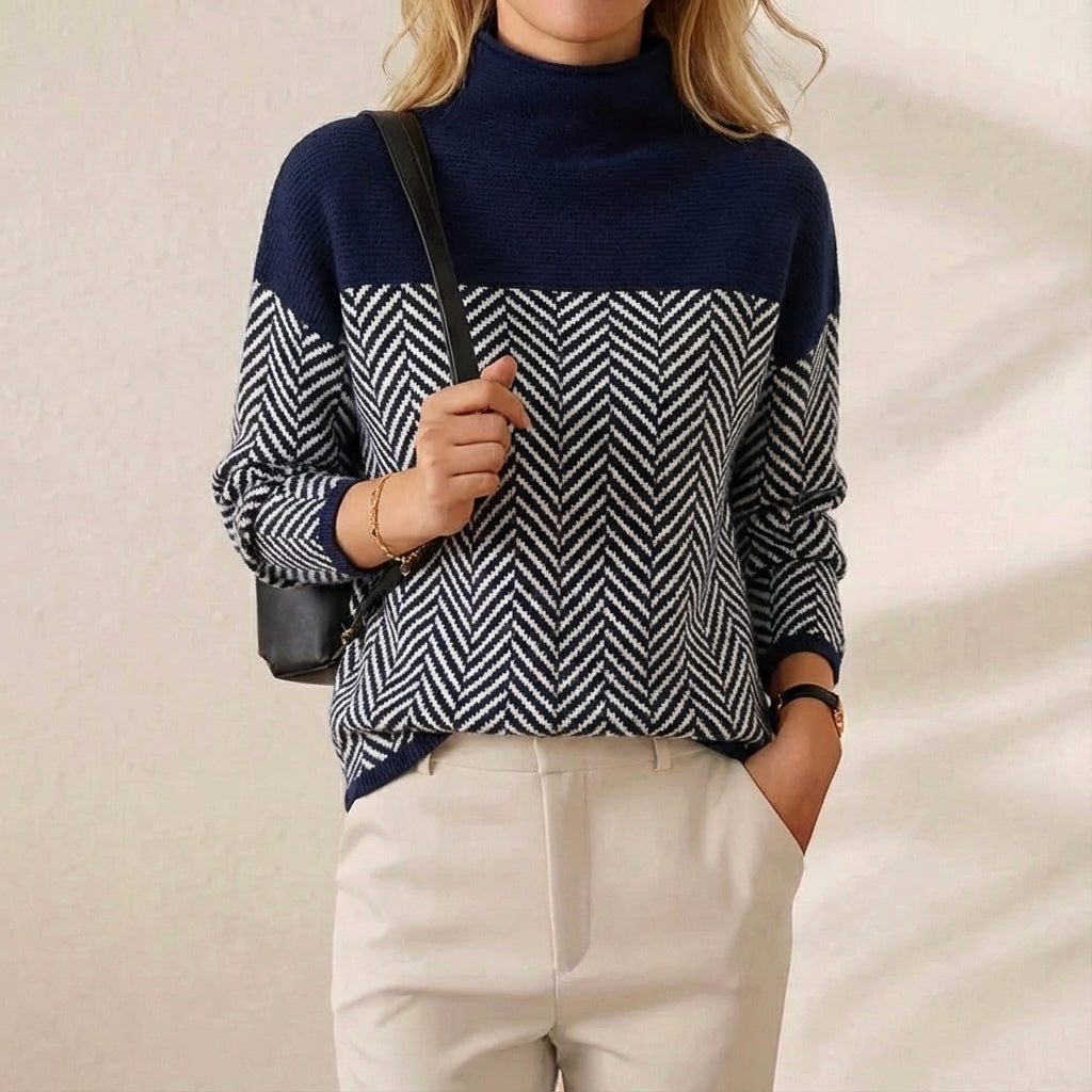Cashmere Turtleneck Dark Blue with Zigzag Pattern