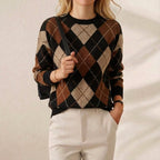 Cotton Sweater with Diamond Pattern Brown-Black