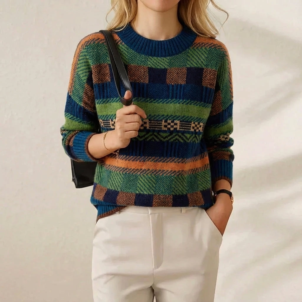 Cashmere Sweater Green-Blue with Horizontal Stripes