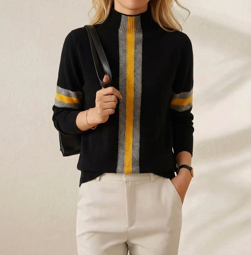Cashmere Sweater Black with Yellow Stripe Accents