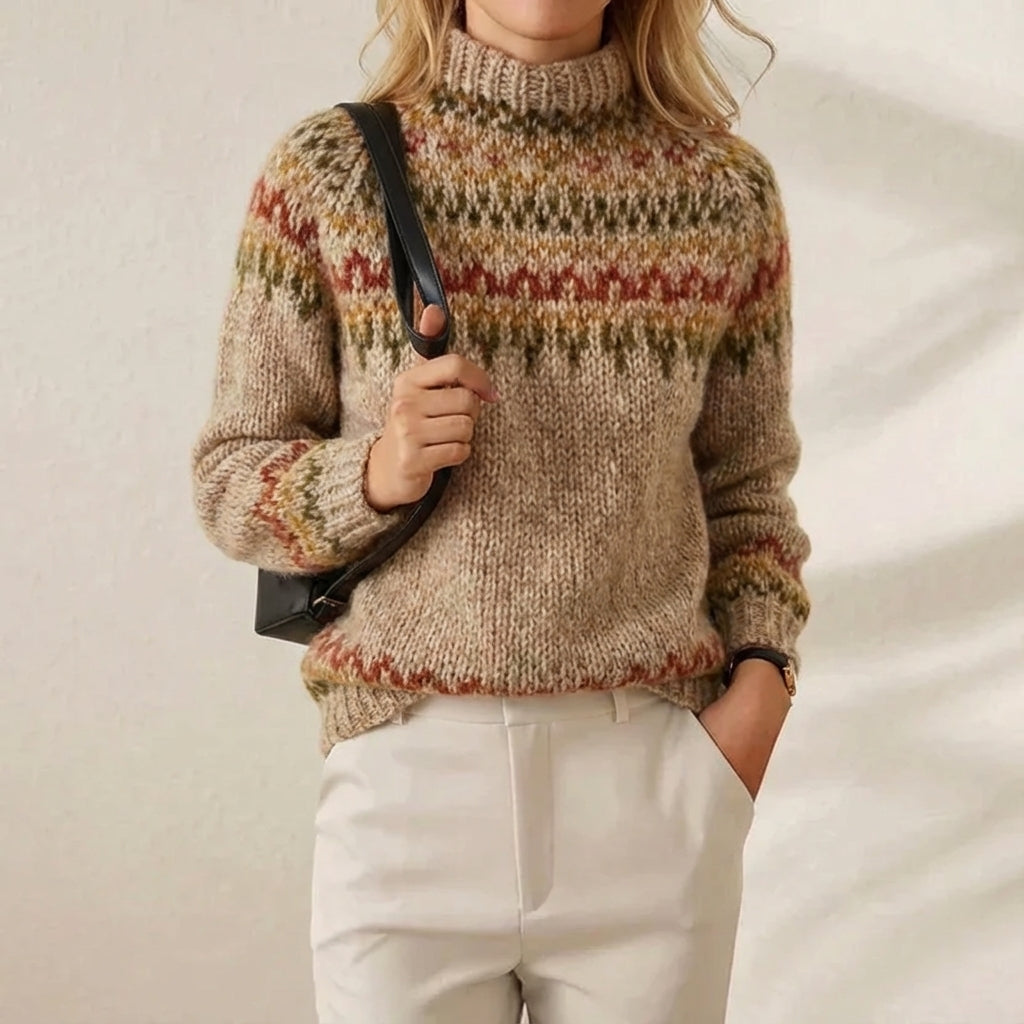 Cotton Sweater with Brown Fair Isle Yoke