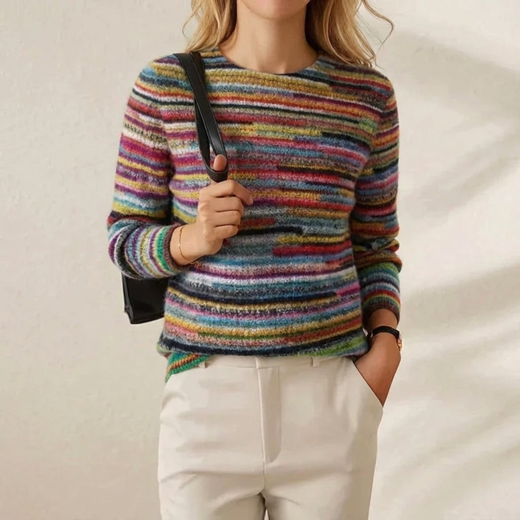 Cotton Sweater with Horizontal Stripes Earth Tones