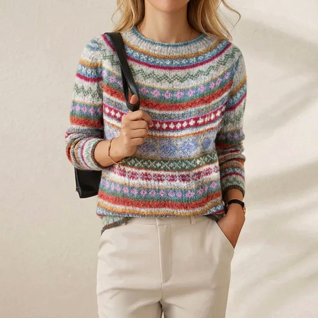 Cotton Sweater with Multi-Color Ethnic Stripes
