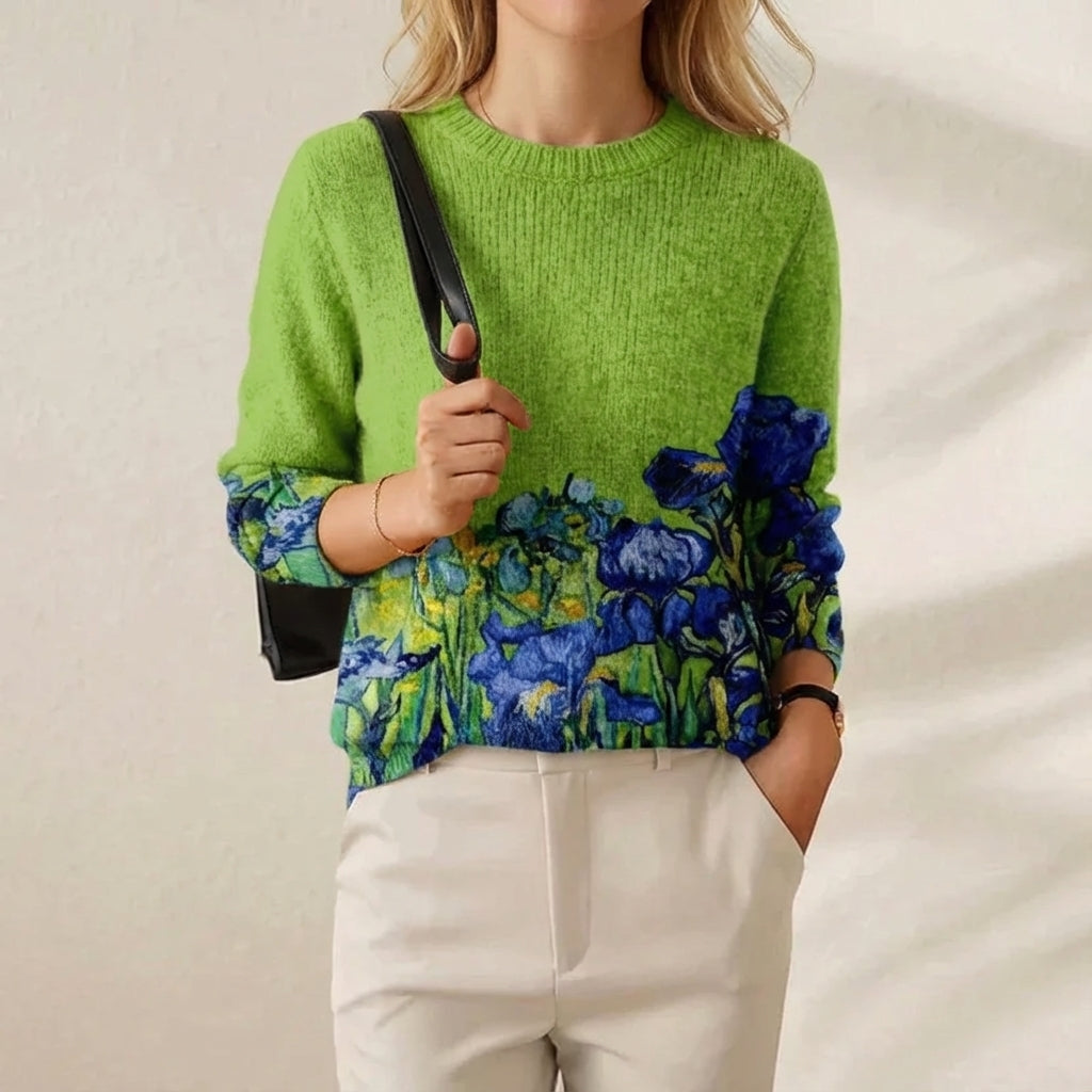 Cotton Sweater Green with Blue Flower Pattern