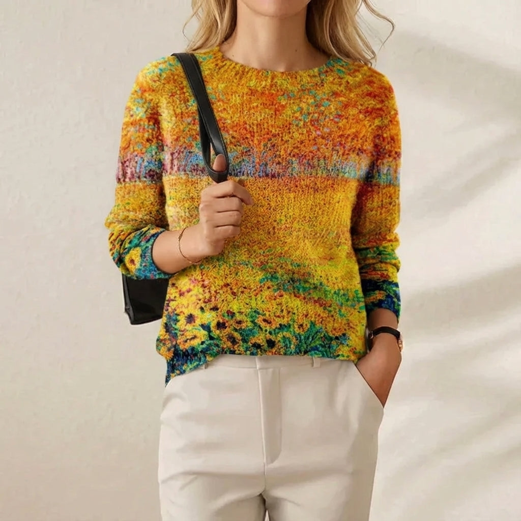 Cotton Sweater with Autumn Floral Pattern Orange