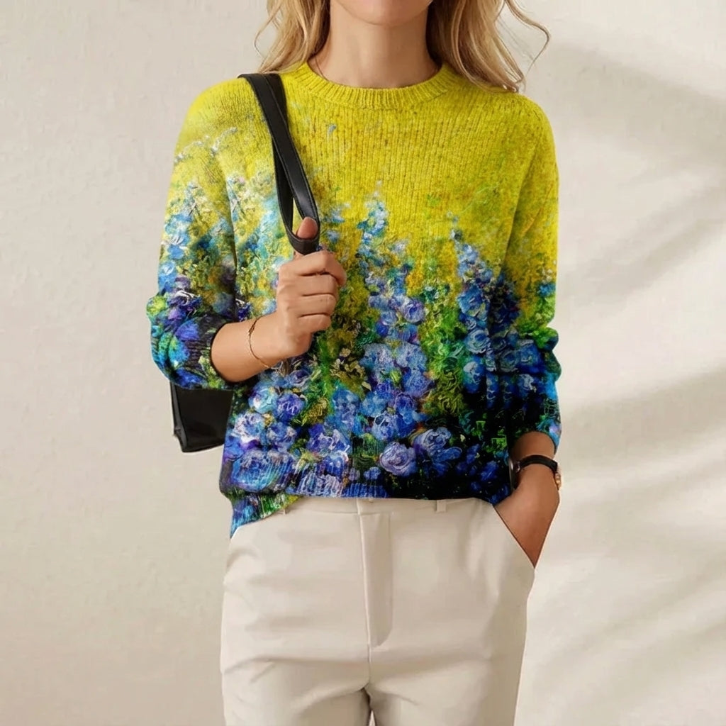Cotton Sweater Yellow with Flower Pattern