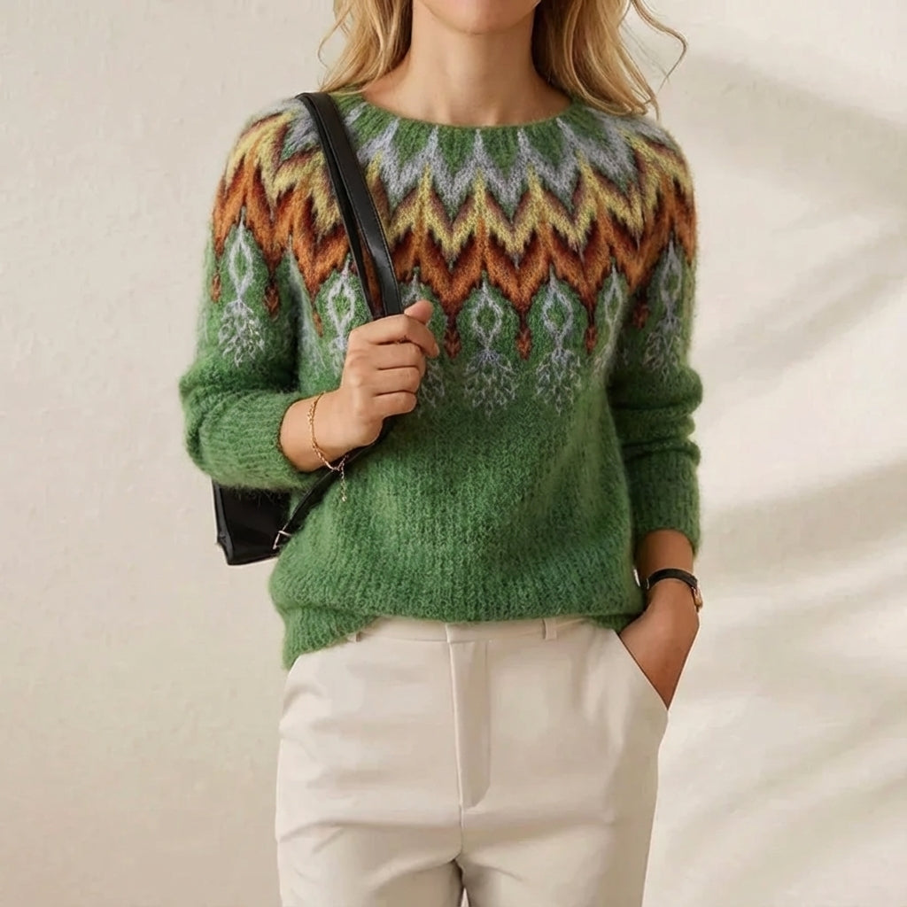 Cotton Sweater Green with Chevron V-Pattern