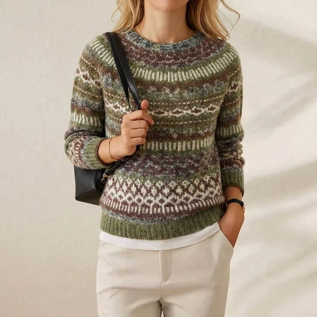Cotton Sweater Olive with Abstract Pattern