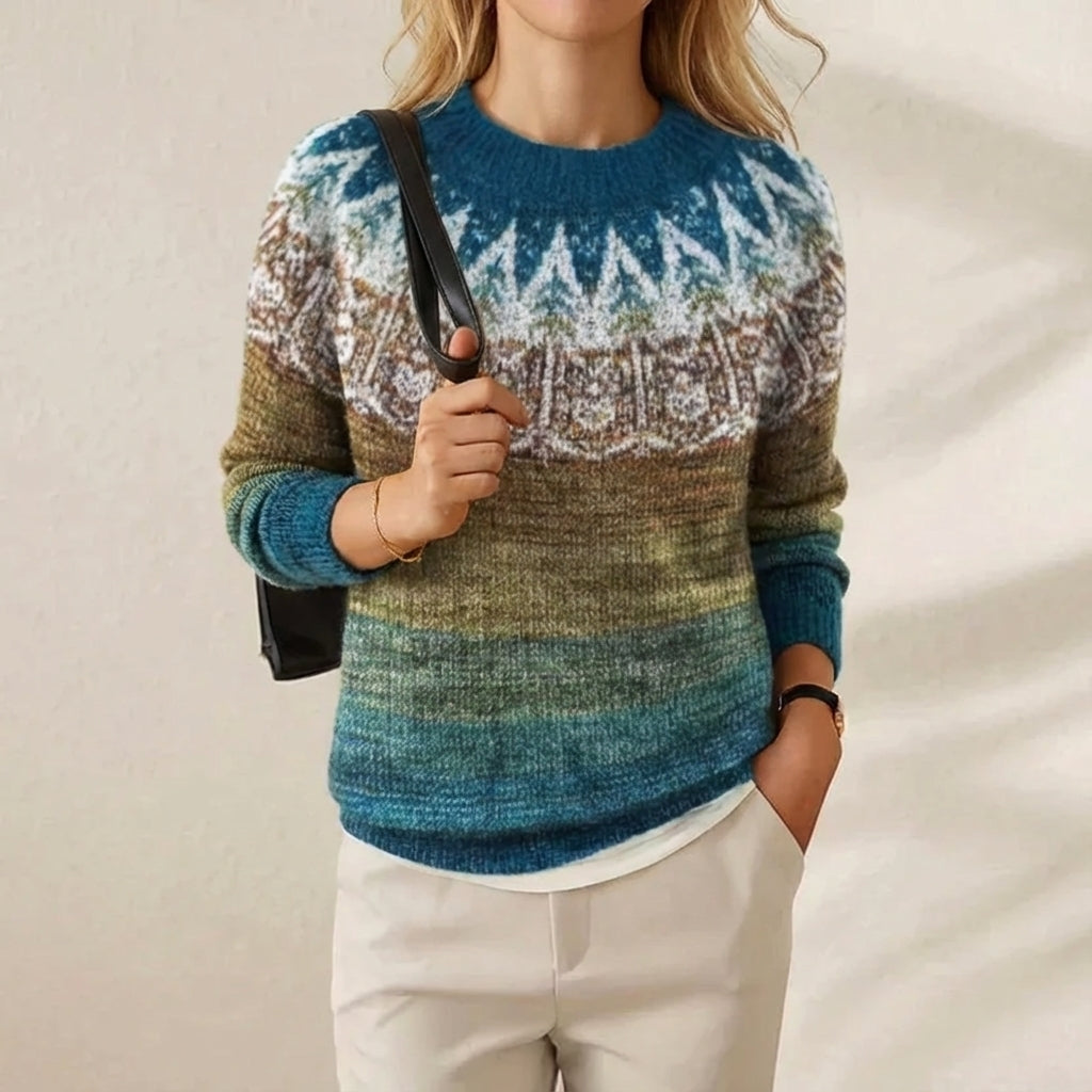 Cotton Sweater with Gradient Nordic Pattern Blue