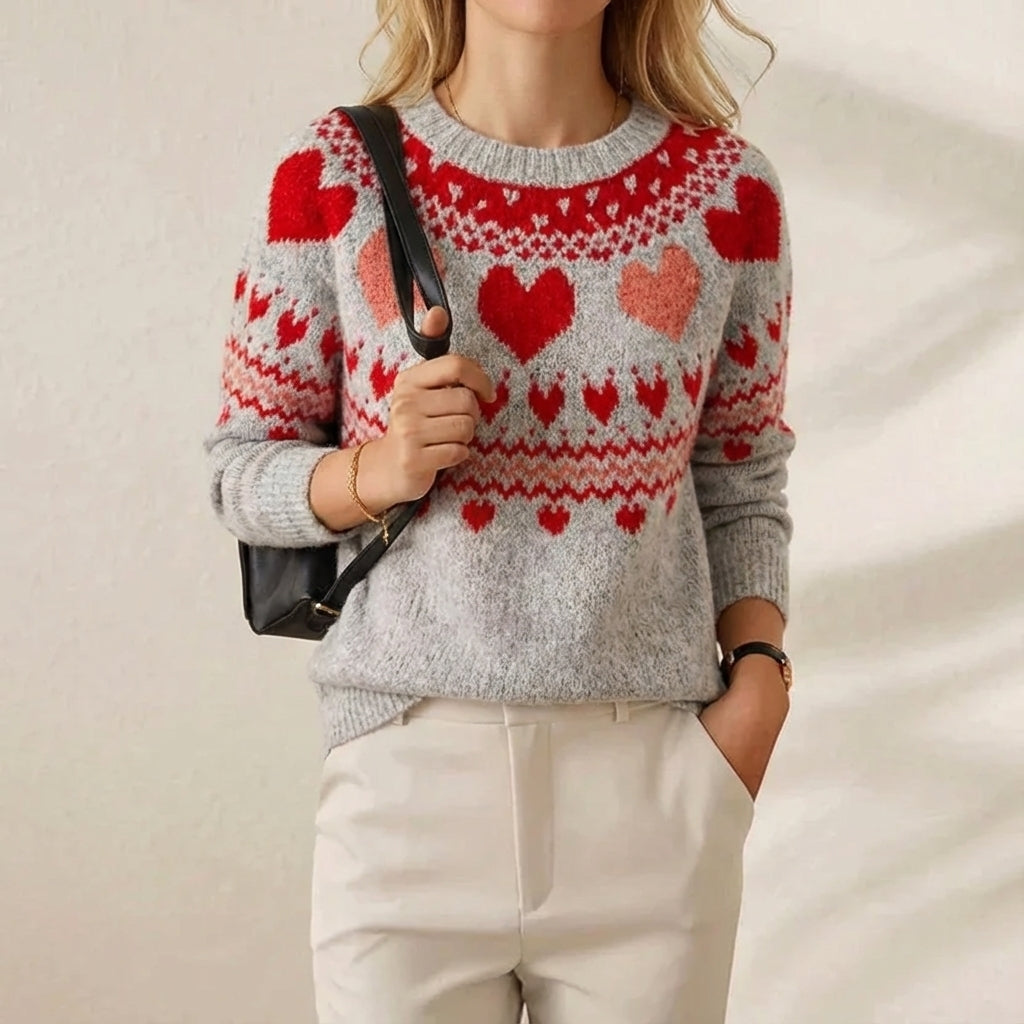 Cotton Sweater with Hearts Pattern