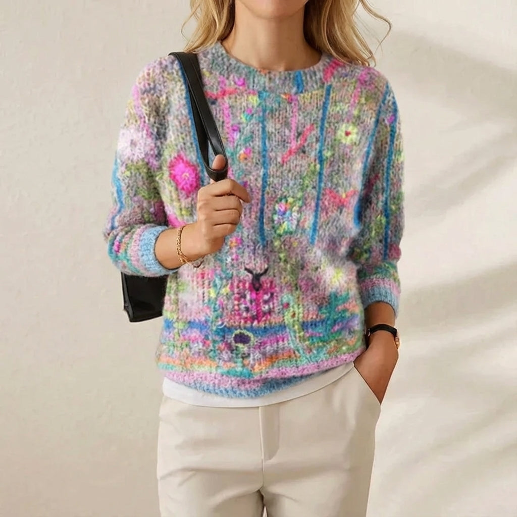 Cashmere Sweater with Abstract Pattern Pink-Turquoise