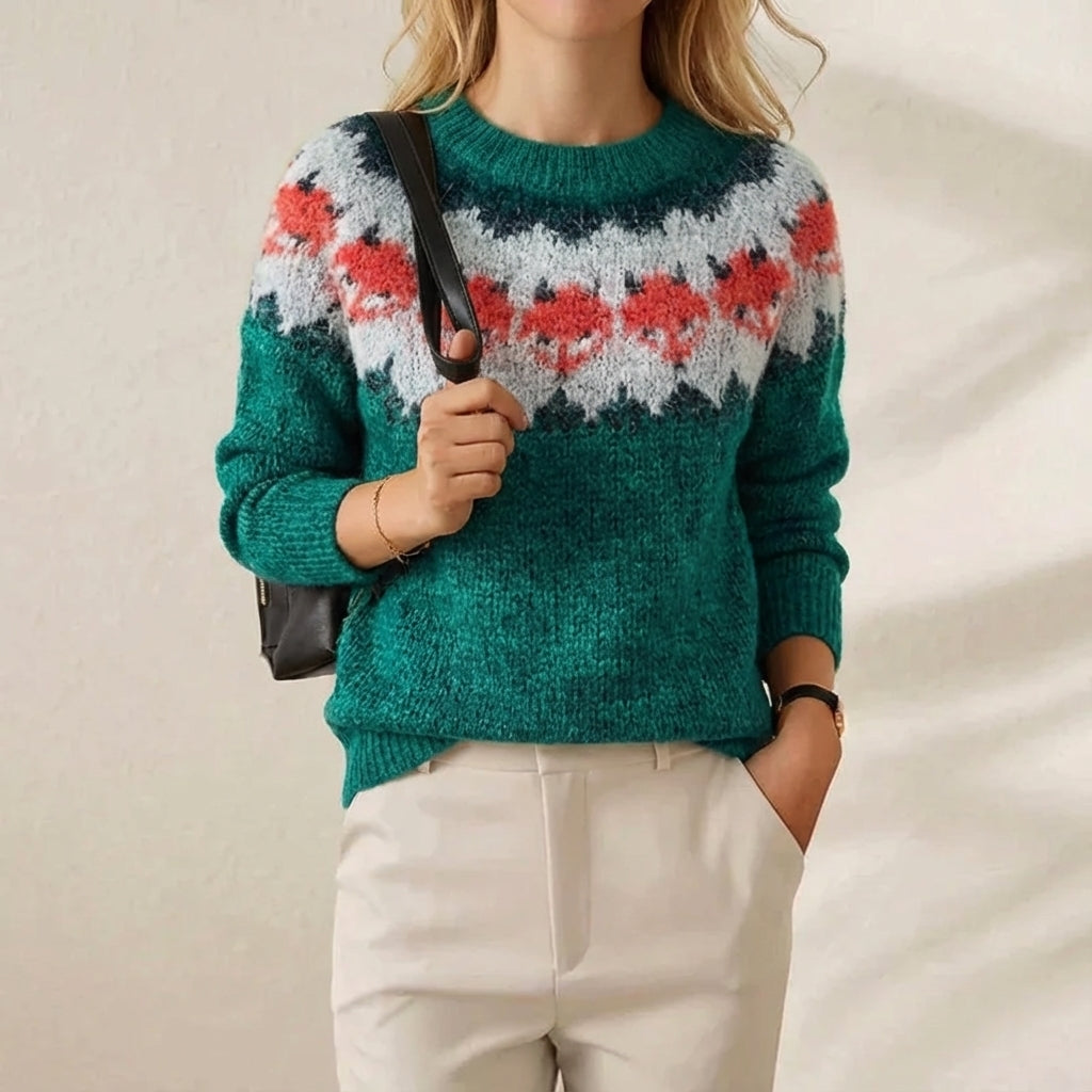 Cashmere Mohair Sweater Teal with Fox Pattern