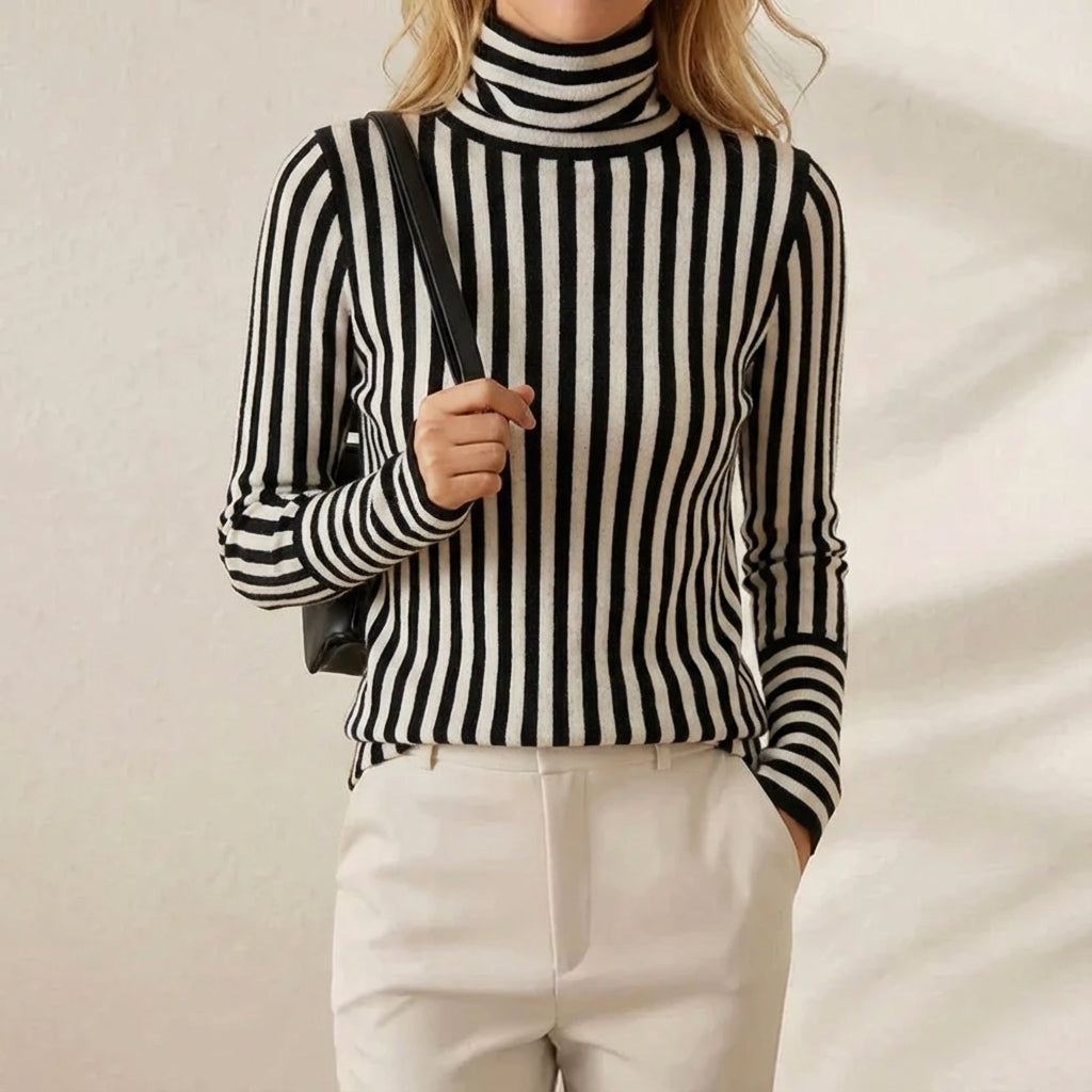 Cashmere Turtleneck with Vertical Stripes Black-White