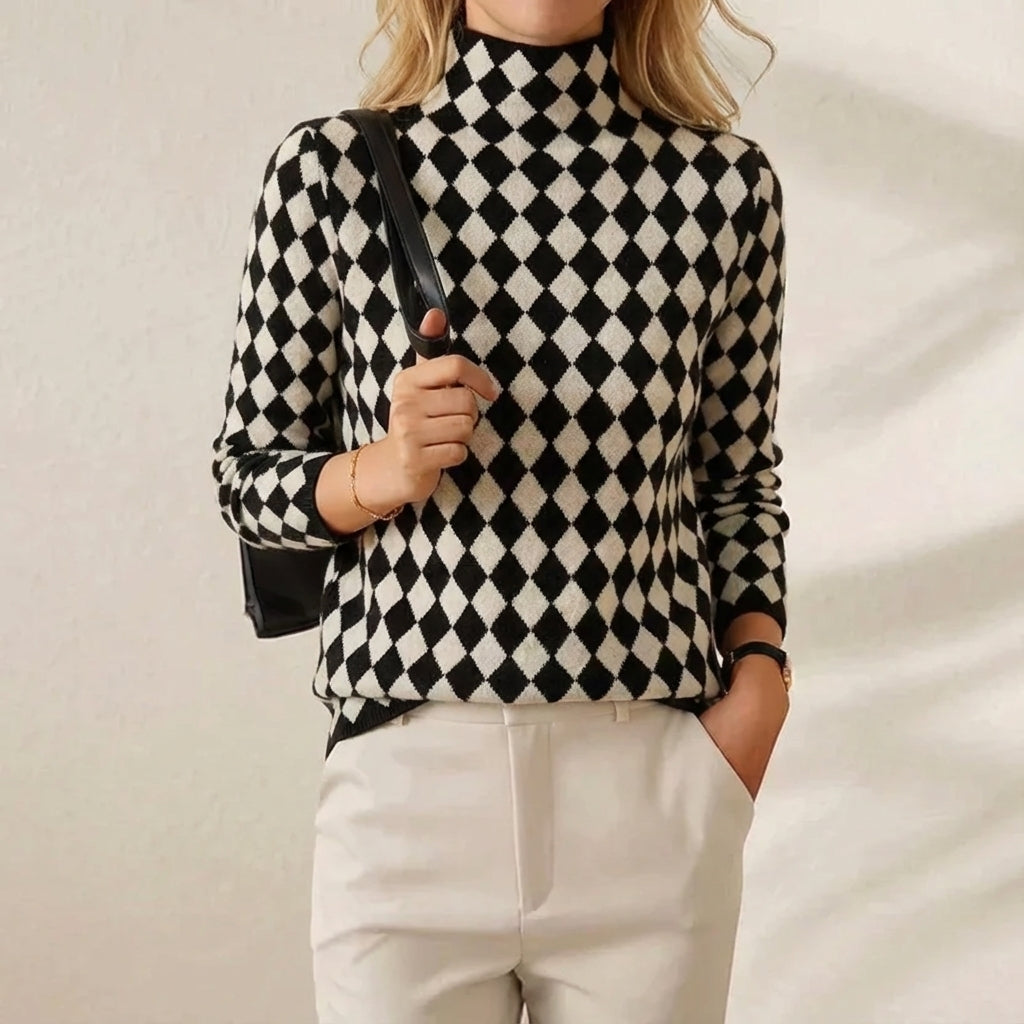 Cashmere Turtleneck in Houndstooth Black-White