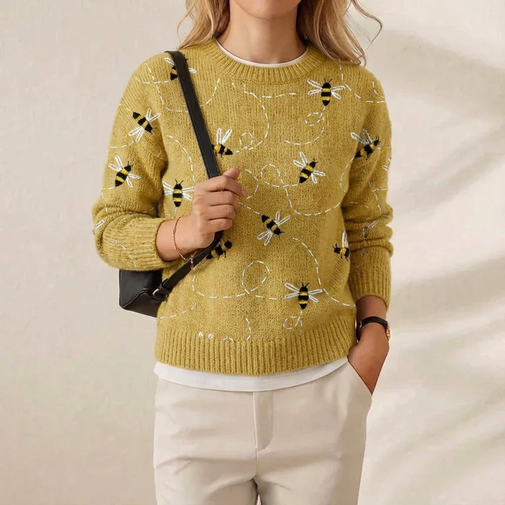 Cashmere Sweater Mustard Yellow with Bee Pattern